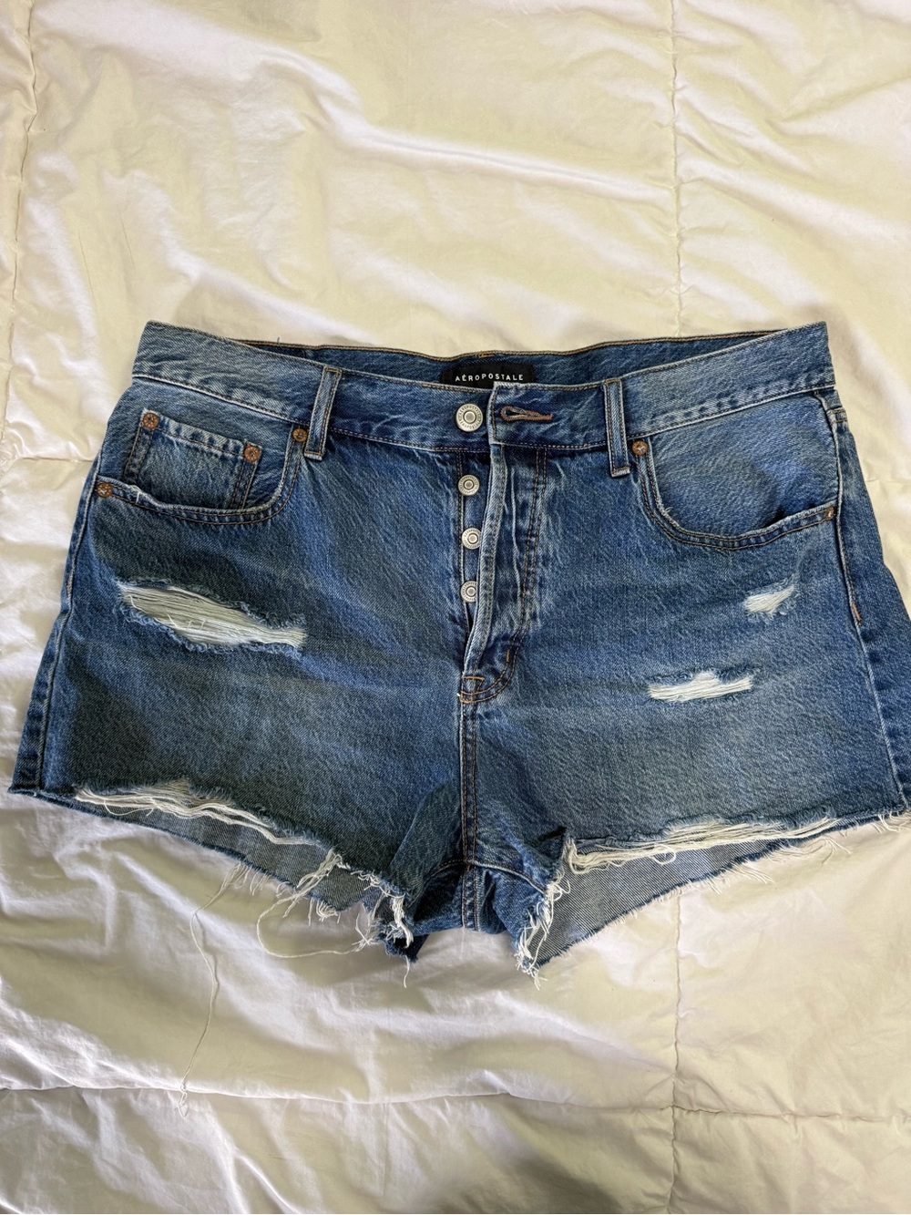 Aeropostale Distressed High Waist Denim Shorts - Medium Blue
